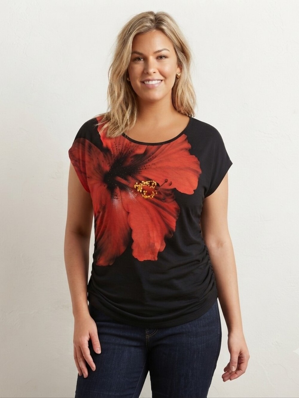 Vanilla Sugar Black Red Hibiscus Floral Rhinestone Y2K Top Size PL